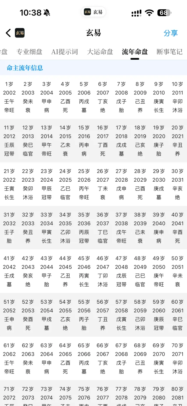 玄易 App 流年命盘界面